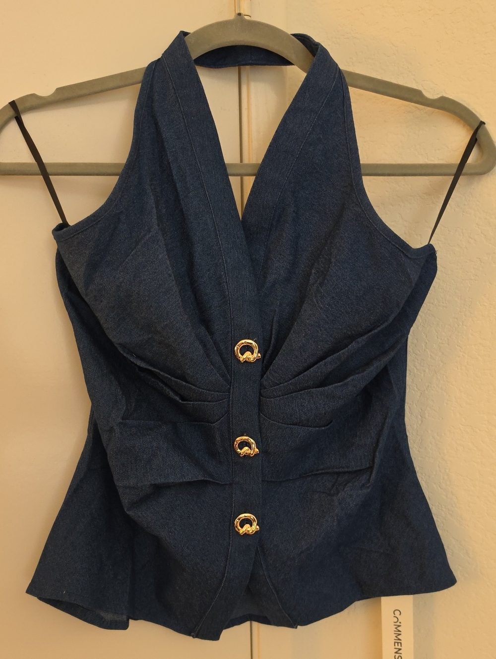 Commense Metal Button Denim Halter Ruched Top - Picture 4 of 4